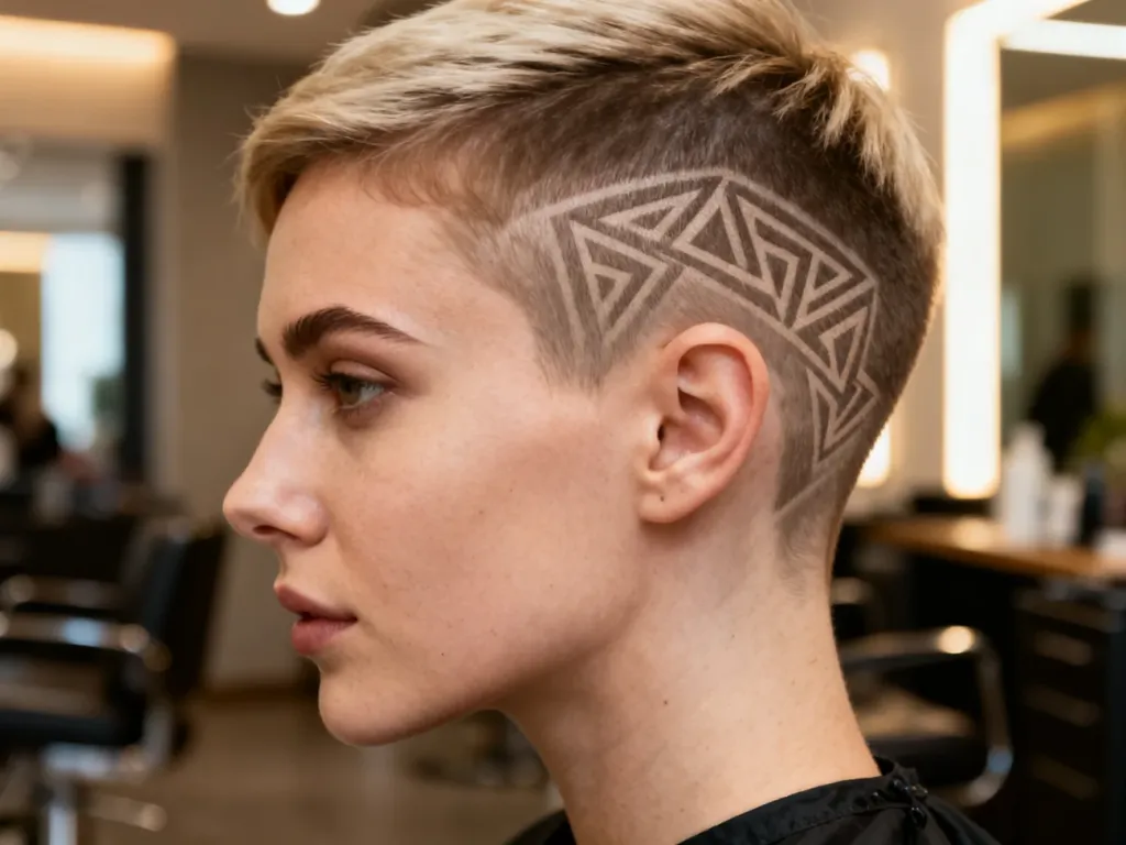 Precyzyjnie wygolony geometryczny wzór na boku głowy kobiety w nowoczesnym salonie fryzjerskim.