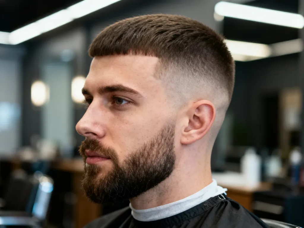 Mężczyzna z precyzyjnie wykonaną fryzurą typu low fade oraz zadbaną brodą w nowoczesnym salonie fryzjerskim.