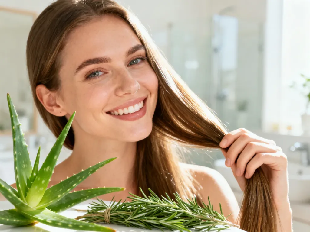 Uśmiechnięta kobieta prezentuje zdrowe, lśniące włosy w otoczeniu naturalnych składników, takich jak aloes i rozmaryn.